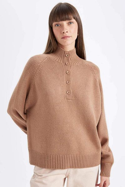 DeFacto Relax Fit Soft Textured Button Collar Basic Plain Knitwear Sweater C9056Ax24Wn
