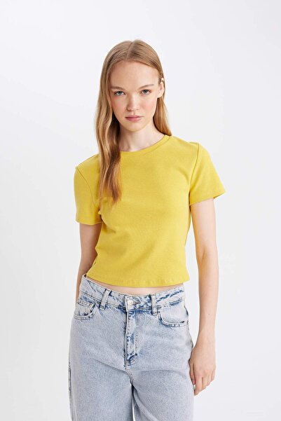 DeFacto Coool Fitted Crew Neck Rib Basic Plain Short Sleeve T-Shirt T9631Az24Au