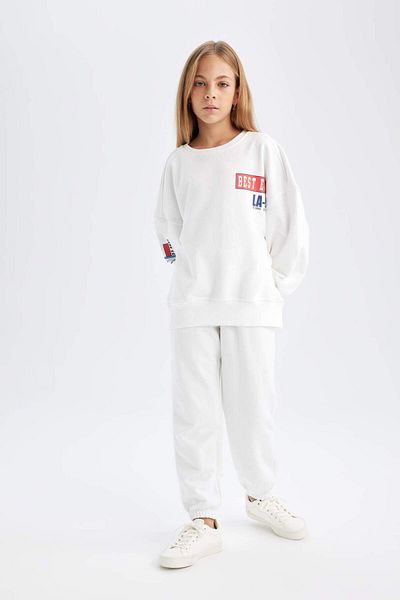DeFacto Set de 2 piese pentru fete, hanorac imprimat cu decolteu, pantaloni de sport pentru jogger D0726A824AU