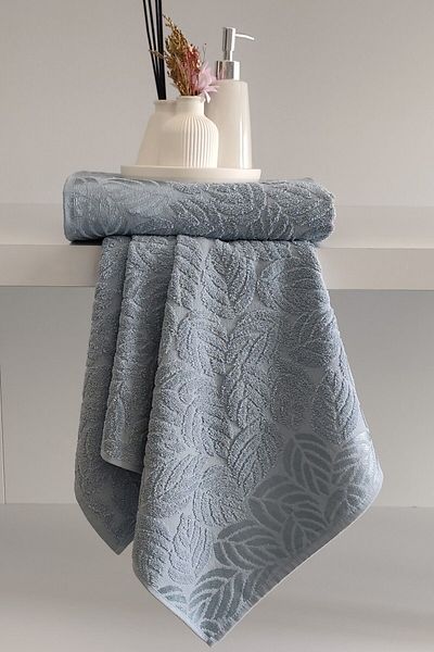 Sevim 2-Piece Jacquard Leaf Patterned 100% Cotton Hand Face Towel-50X90Cm-Light Blue