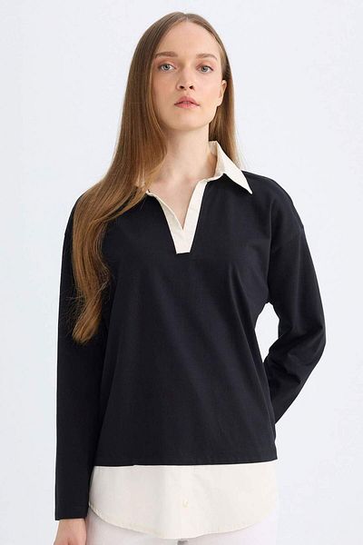 DeFacto Reguläre Passform Hemdkragen Saumdetails Langarm Schwarz Sweatshirt Tunika D0390AX24AU