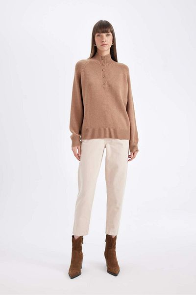 DeFacto Relax Fit Soft Textured Button Collar Basic Plain Knitwear Sweater C9056Ax24Wn