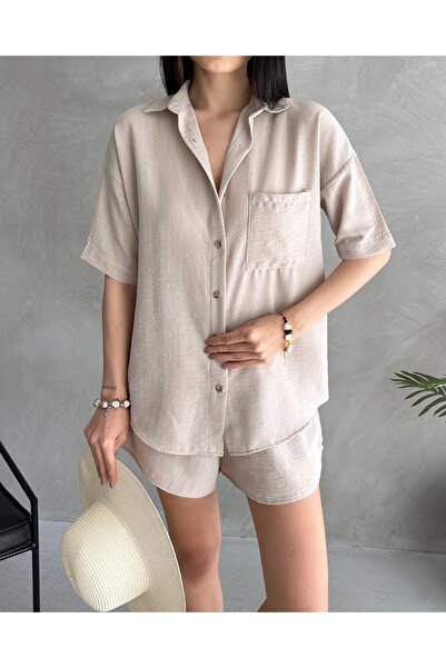 Fav Style Women's Aerobin Linen Short Sleeve Shirt and Shorts Bottom-Top Suit Beige