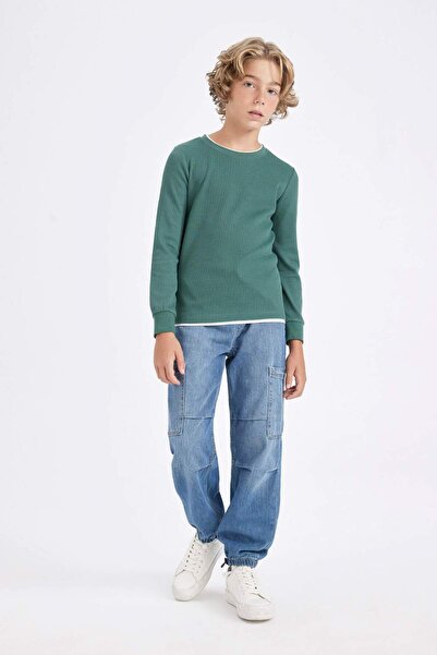 DeFacto Μακρυμάνικο μπλουζάκι για αγόρια με λαιμόκοψη Basic μονόχρωμη βάφλα V1186a624au