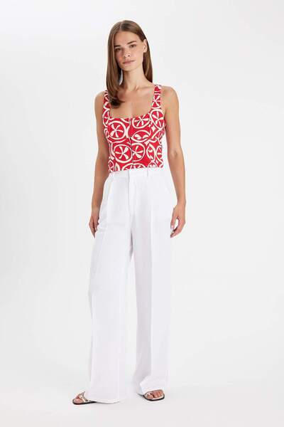 DeFacto Wide Leg Wide Leg Linen Blended Trousers High Waist Pocket Pleated Basic Straight Long Length