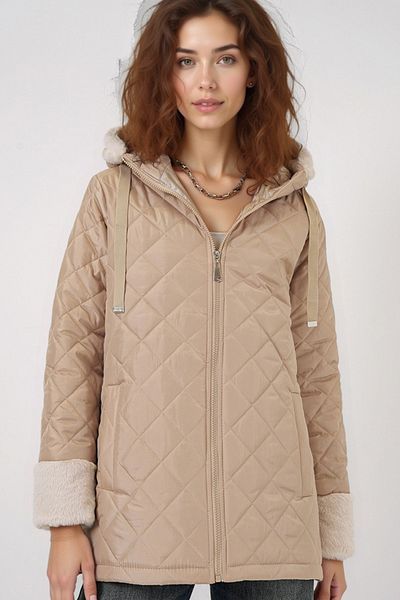 Merterium Women's Hooded Quilted Coat 1042 - Beige