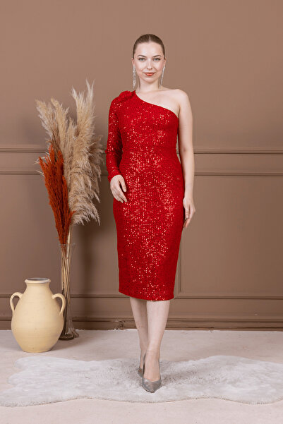 BEYBOS Rochie creion cu o singură mânecă din țesătură cu paiete - ROȘU