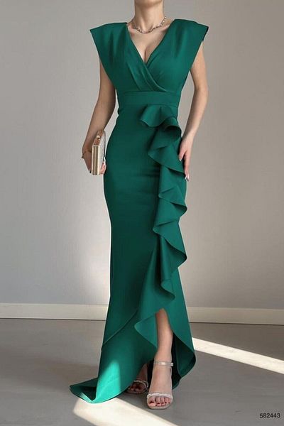 ALFUDO Moda Collection Women's Scuba Diver Fabric Double Breasted Lapel Skirt Flounced Green Dress