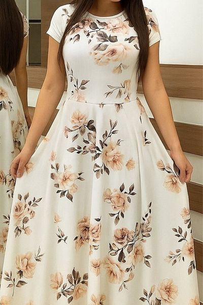 Modayakamoz New Season Women's Short Sleeve Crew Neck Patterned Maxi Knitted Crepe Dress