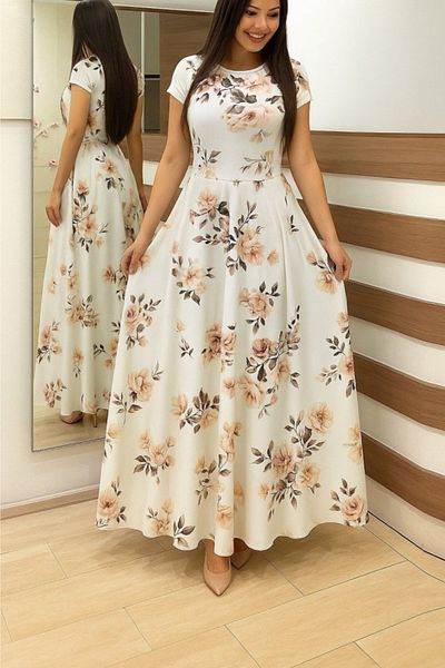 Viyamo New Season Women's Short Sleeve Crew Neck Patterned Maxi Knitted Crepe Dress