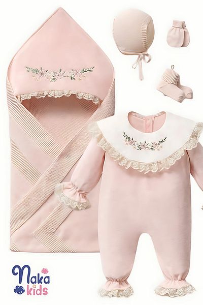 Naka Concept Pink 100% Cotton Lace Embroidered 5 Piece Baby Girl Hospital Release Set Velvet