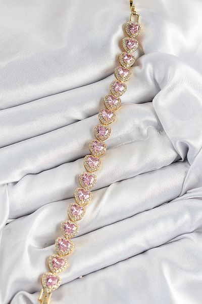 callerrons accessories Brass Zircon Stone Pink Heart Baguette Model Gold Color Vip Series Women's Bracelet - Ebj250726W36770