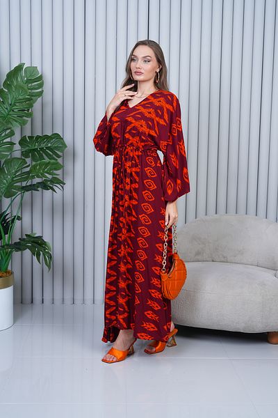 EL jadida Women's Patterned V-Neck Viscose Plus Size Hijab Dress Burgundy 2131