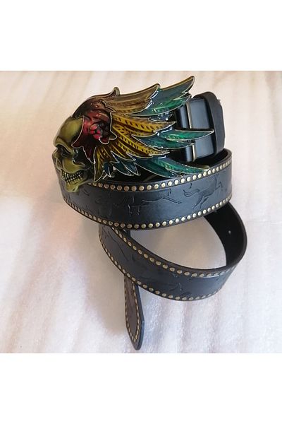 Butik Tülin Unisex Authentic Faux Leather Black Running Horse Print Bronze Colored Enamel Haired Skull Cowboy Buckle Belt