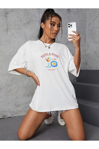 OFFSIDESIGN Women's Oversize White Combed Cotton T-Shirt Cake Wine Printed Design Wide Fit Women's T-Shirt Short Sleeve