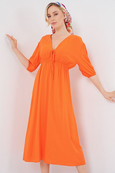 Bigdart 2570 Women's Gathered Waist V-Neck Dress - Orange