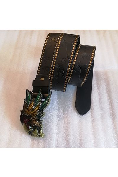 Butik Tülin Unisex Authentic Faux Leather Black Running Horse Print Bronze Colored Enamel Haired Skull Cowboy Buckle Belt
