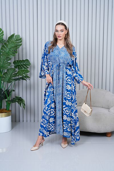 EL jadida Women's Patterned V-Neck Viscose Plus Size Hijab Dress Saks Blue 2130