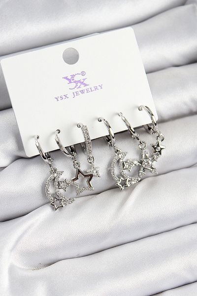 callerrons accessories Brass Zircon Stone Moon and Star Model Silver Color 3-Piece Double Women's Earrings - Ebj250726W36725