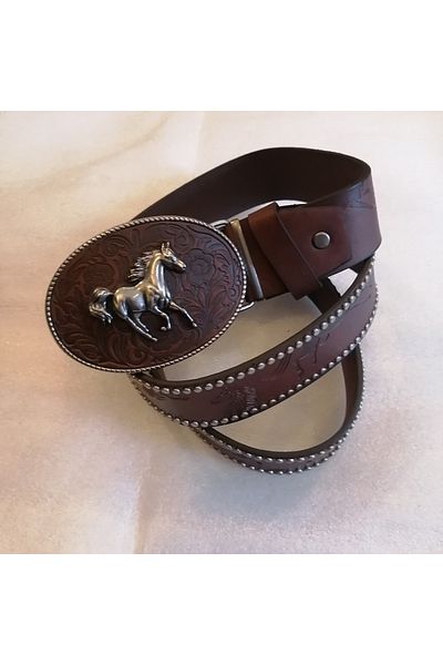 Butik Tülin Unisex Authentic Faux Leather Coffee Horse Printed Floral Silver Running Horse Cowboy Buckle Belt