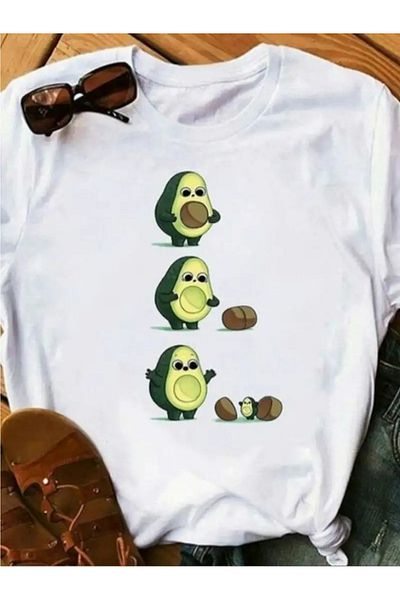 aynewmoda Women's short sleeve round neck t-shirt-cute cartoon avocado print