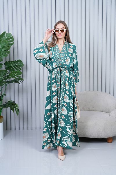 EL jadida Women's Patterned Double Breasted Collar Viscose Plus Size Hijab Dress Green