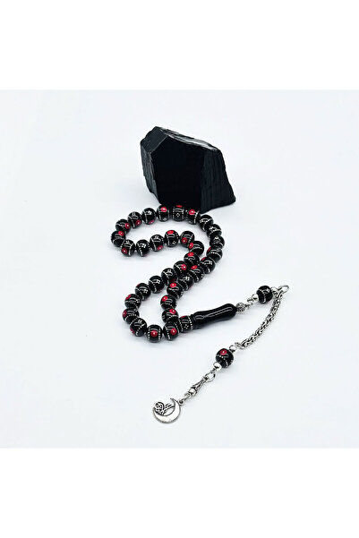 tesbihpasaji Kırmızı Bilek Boy Gümüş İşlemeli Erzurum Oltu Taşı Tesbih