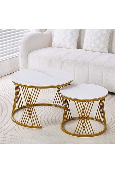 Türkiye Nesting Coffee Table Set of 2, Modern Round Coffee Table, Ceramic Rock Slabs, Metal Frame for Living