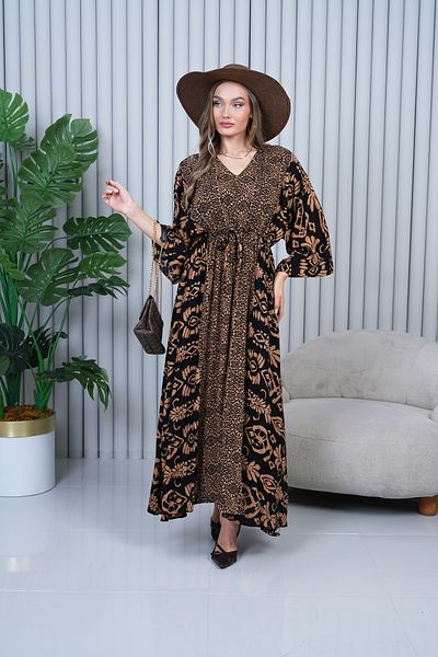 EL jadida Women's Patterned V-Neck Viscose Plus Size Hijab Dress Brown 2130