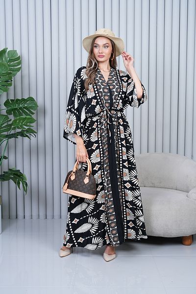 EL jadida Women's Patterned Double Breasted Collar Viscose Plus Size Hijab Dress Black