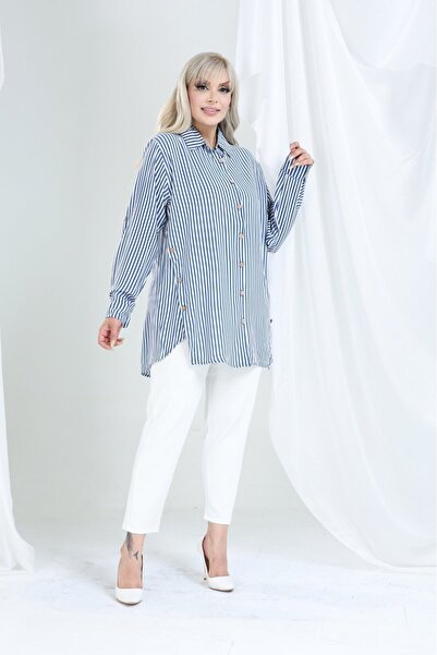 tarzımsüper Women's Plus Size Button Detailed Striped Oversize Shirt