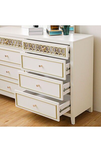 Danube Home Hernan Dresser with Mirror - White Glossy & Golden Finish, Stylish Bedroom Storage, 145x42x187cm