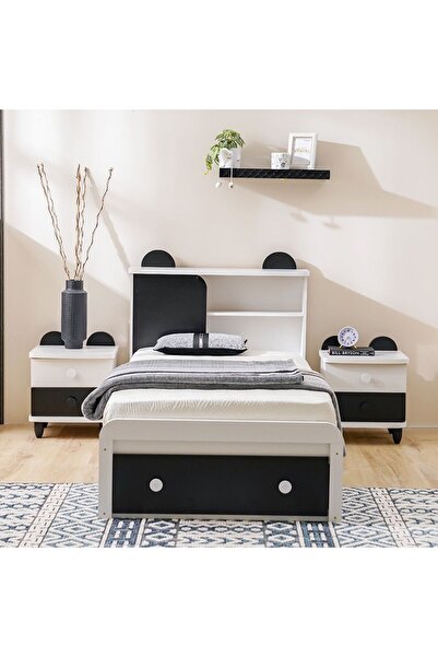 Danube Home Panda 90x190 Single Bed with Headboard Storage & Front Drawer Storage-White/Black L210xW98.8xH100cm
