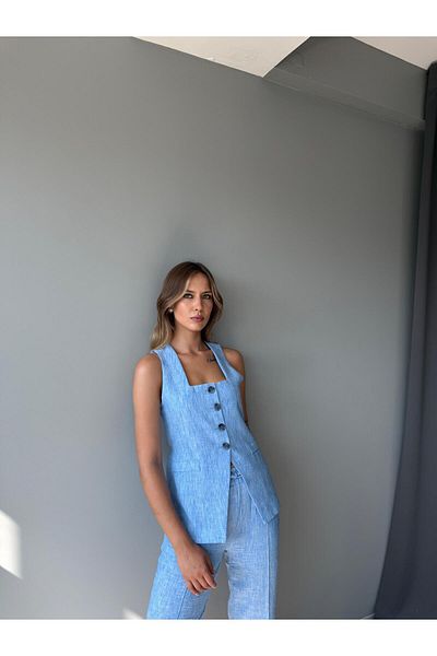AlisaSu Set pantaloni vestă de in Bari Blue cu guler pătrat