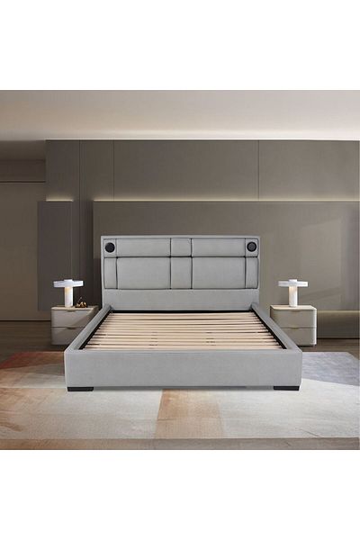 Danube Home Razmiah 180x200 King Bed with Reading Lamp, Bluetooth Speakers & Charger-Light Grey L228xW202xH122cm