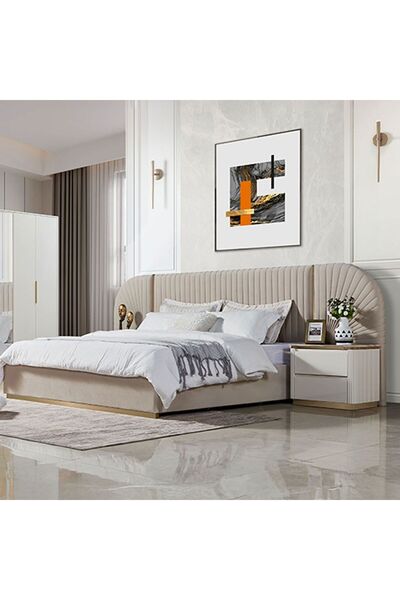 Danube Home Ashton 180 X 200 King Bed Set With 2 Night Stands - Beige/Brushed Gold L322xW215xH123cm