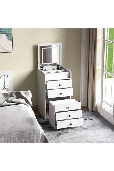 Danube Home Armi Multipurpose Chest of Drawers with Mirror - High Gloss White, 4 Drawers & Stool, 50x50x85cm