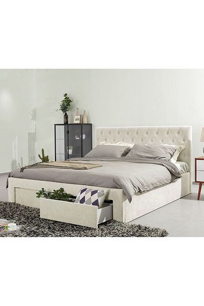 Danube Home Bacia 150x200 Queen Bed with 2 Front Drawers - Beige L218xW162xH111cm