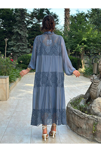 butikbanum İndigo Mavisi Önden Düğmeli Dantel Detaylı İpek Elbise