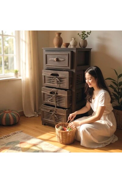 woodluck Ahşap 4 Çekmeceli Hasır Görünümlü Yıkanabilir Bezli Sebzelik (Siyah)