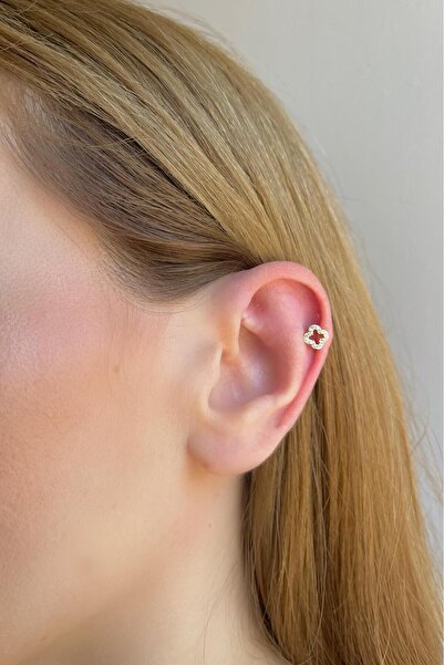 Bijou Luz Gold Yonca Model Zirkon Taş Detaylı Yonca Model Tragus / Helix Piercing