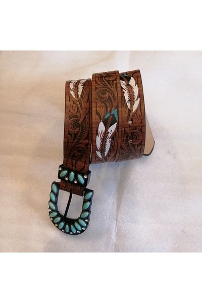 Butik Tülin Unisex Authentic Faux Leather Leaf Feather Printed Coffee Black Turquoise Shiny Stone Cowboy Buckle Belt