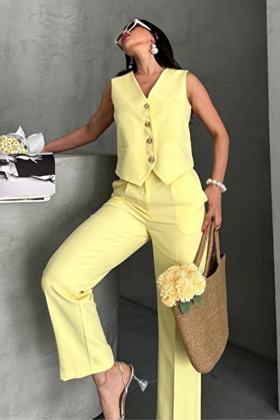 AKD Atelier Women's Top Bottom Set Stylish Gold Button Detailed V Neck Vest Pants Set