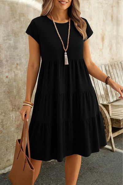 Viyamo Rochie de damă cu mâneci scurte, cu decolteu, cu modele, cu volane, din tricou din noua sezon