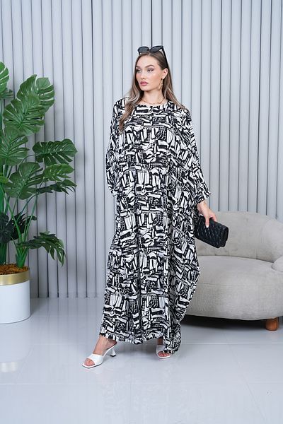 EL jadida Women's Patterned Plus Size Viscose Dress Black-White 4039