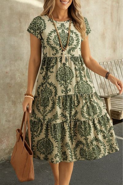 Viyamo Rochie de damă cu mâneci scurte, cu decolteu, cu modele, cu volane, din tricou din noua sezon
