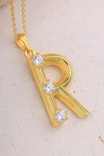 Lucente Jewellery Özel Hediye Kutulu 925 Ayar Altın Gümüş Kaplama R Harfi Pırlanta Montür Taşlı Balon Harf Kolye