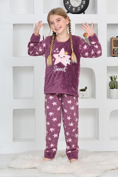 Mutlu City Nou sezon toamnă/iarnă pentru fete, set de pijamale din lână cu model de stea 4100-violet