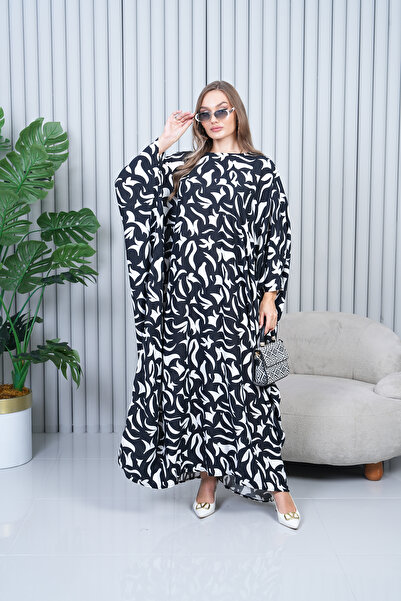 EL jadida Women's Patterned Plus Size Viscose Dress Black-White 4029