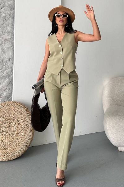 AKD Atelier Women's Top Bottom Set Stylish Gold Button Detailed V Neck Vest Pants Set